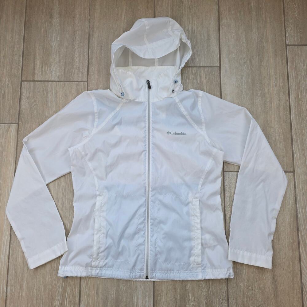 Columbia Windbreaker Jacket Womens M White Packable Hood Lightweight Outdoor